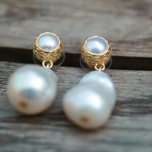Large Baroque Pearl Drop Earrings, 22k gold plated